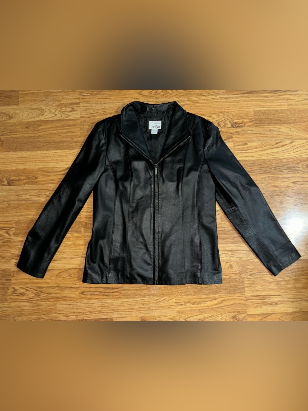 East 5th Black Leather Jacket Coat Women’s Size Medium Full Zip Side Pockets EUC